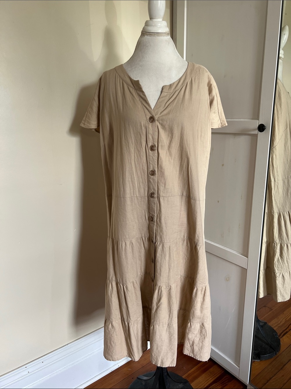 NY&C New York & Company Linen Blend Tan/Beige Casual Tiered Midi Dress Large